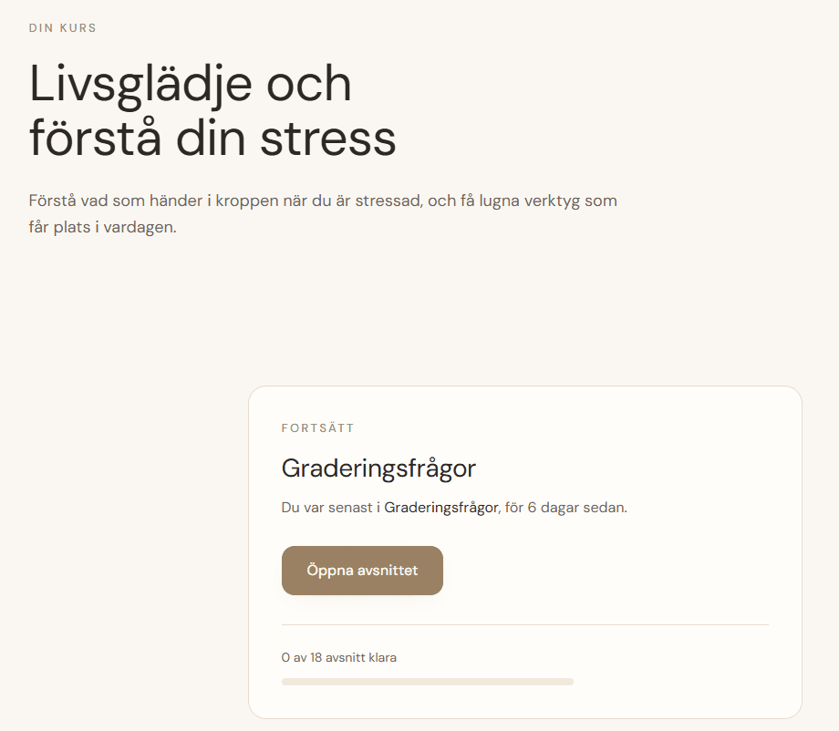 Skärmbild av kursöversikten: kursens rubrik och ett kort som visar vilket avsnitt du var i senast och hur många av de 18 avsnitten som är klara